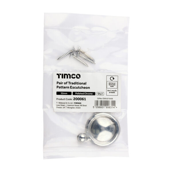 Pair of Traditional Pattern Escutcheon - Polished Chrome 32mm