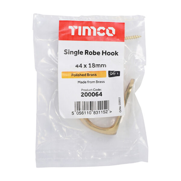 Single Robe Hook - Polished Brass 44 x 18mm