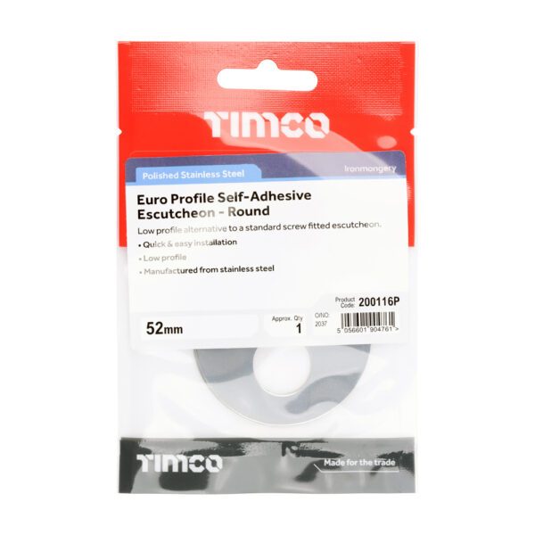 Euro Profile Self-Adhesive Escutcheon - Round - Polished Stainless Steel 52mm