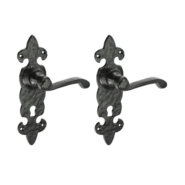 Fleur De Lys Ornate Lever Lock Handles - Antique Black 195 x 55