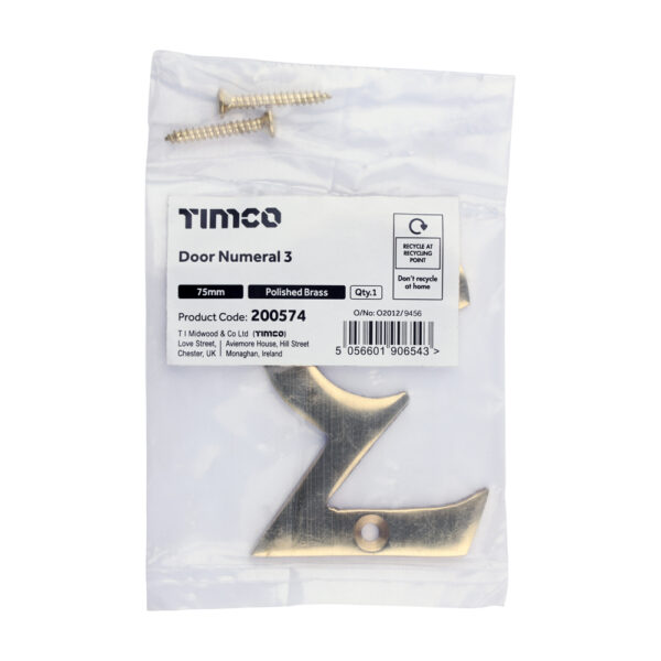 Door Numeral 3 - Polished Brass 75mm