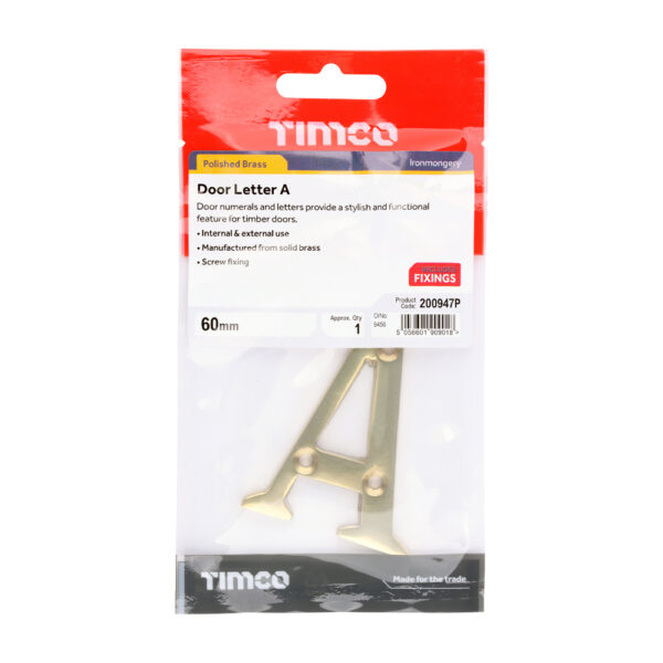 Door Letter A - Polished Brass 60mm