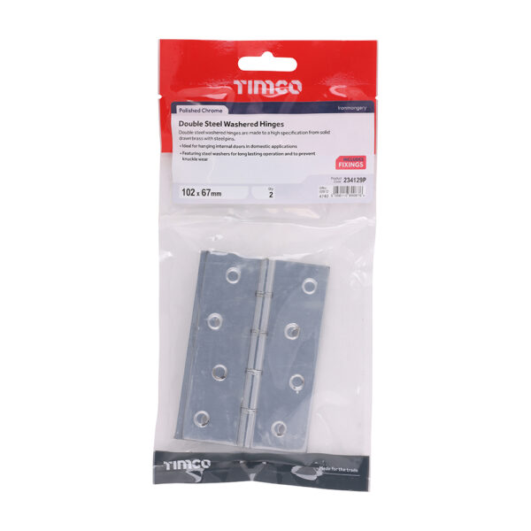 Double Steel Washered Butt Hinge - Solid Brass - Polished Chrome 102 x 67
