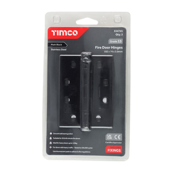 Grade 13 Fire Door Hinges - Matt Black Stainless Steel 101 x 76 x 3