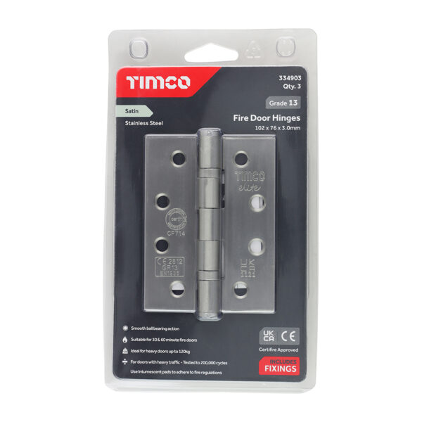 Grade 13 Fire Door Hinges - Satin Stainless Steel 101 x 76 x 3