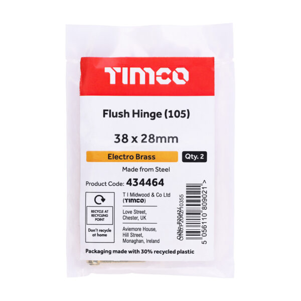 Flush Hinge (105) - Electro Brass 38 x 28