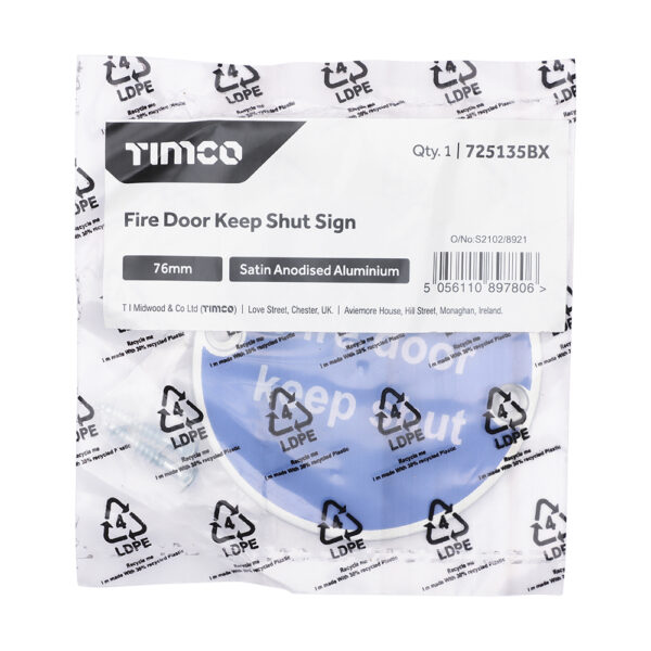 Fire Door Keep Shut Sign - Satin Anodised Aluminium 76mm