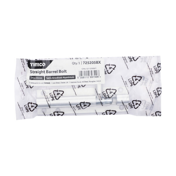 Straight Barrel Bolt - Satin Anodised Aluminium 75 x 25