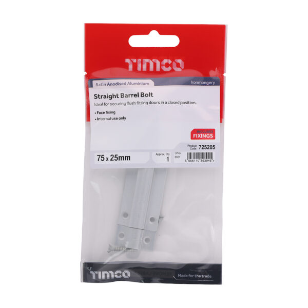 Straight Barrel Bolt - Satin Aluminium 75 x 25