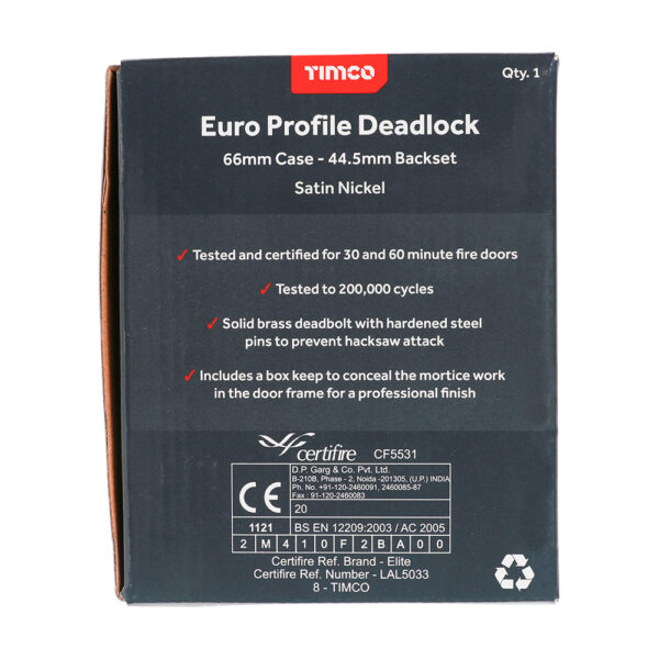 Euro Deadlock - Satin Nickel 66 case / 45 backset