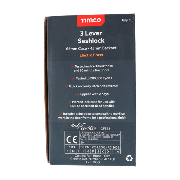 3 Lever Sashlock - Electro Brass 65 case / 45 backset