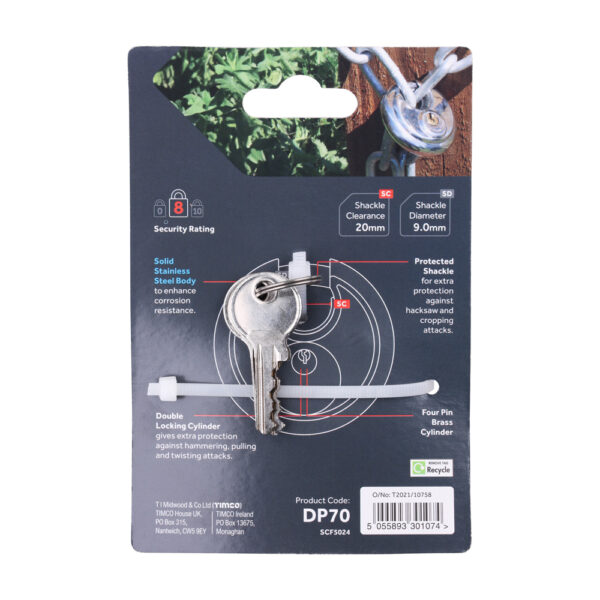 Stacked from 3 images. Method=B (R=8,S=4) Disc Padlock - A2 Stainless Steel 70mm