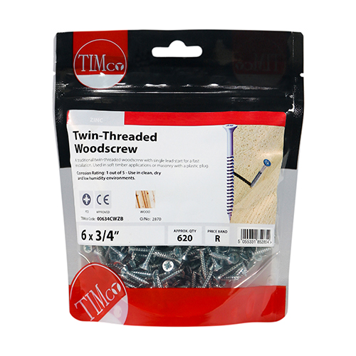 Twin Woodscrew PZ2 CSK - BZP-6 x 3/4