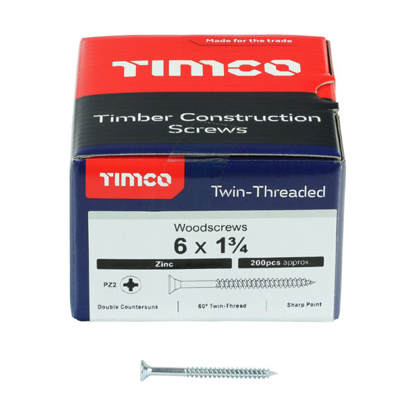Twin Woodscrew PZ2 CSK Zinc-6 x 1 3/4