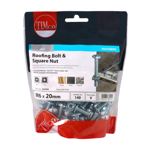 Roofing Bolt & SQ Nut - BZP-M6 x 20