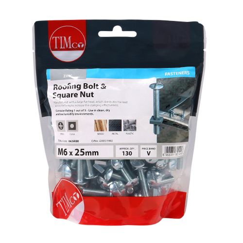 Roofing Bolt & SQ Nut - BZP-M6 x 25
