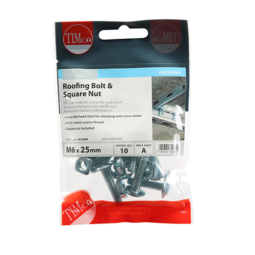 Roofing Bolt & SQ Nut - BZP-M6 x 25