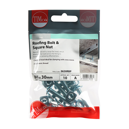 Roofing Bolt & SQ Nut - BZP-M6 x 30