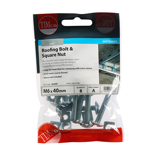 Roofing Bolt & SQ Nut - BZP-M6 x 40