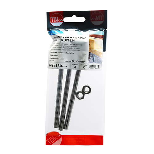 Carriage Bolt & Hex Nut -A2 SS-M8 x 130