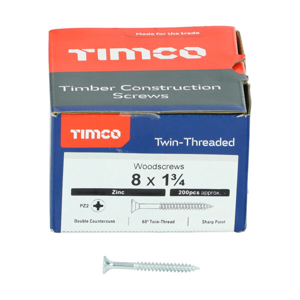 Twin Woodscrew PZ2 CSK Zinc-8 x 1 3/4