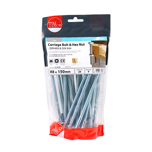 Carriage Bolt & Hex Nut - BZP-M8 x 150