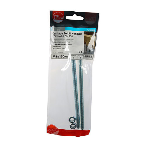 Carriage Bolt & Hex Nut - BZP-M8 x 150