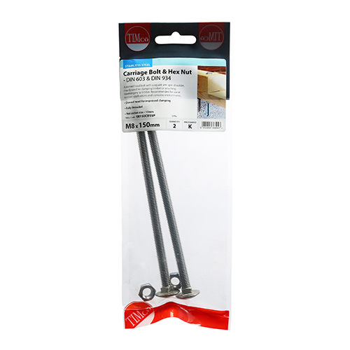 Carriage Bolt & Hex Nut -A2 SS-M8 x 150