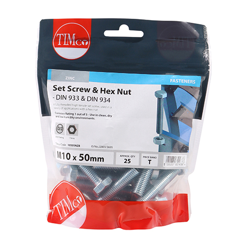 Set Screw & Hex Nut - BZP-M10 x 50