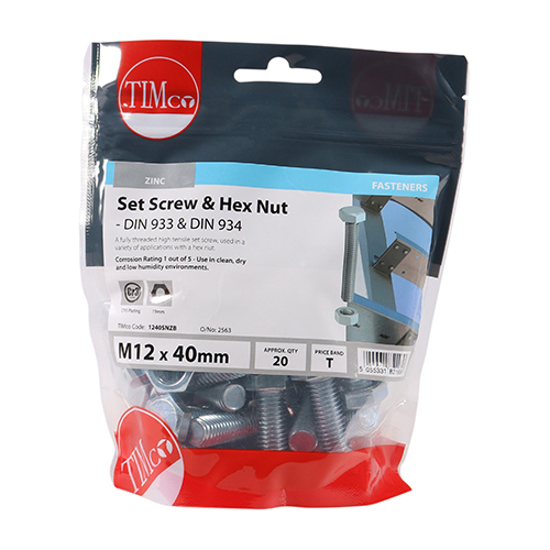 Set Screw & Hex Nut - BZP-M12 x 40
