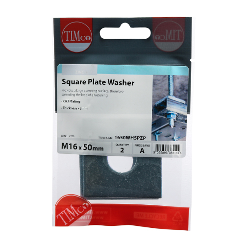Square Plate Washer - BZP-M16 x 50 x 50 x 3