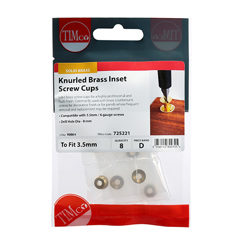 Knurled Brass Inset Screw Cups-To fit 3.5 Screw