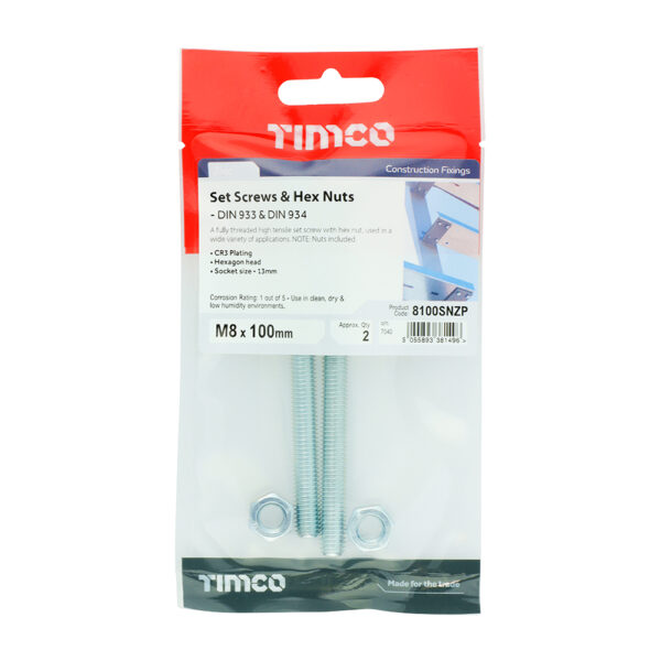 Set Screw & Hex Nut - BZP-M8 x 100