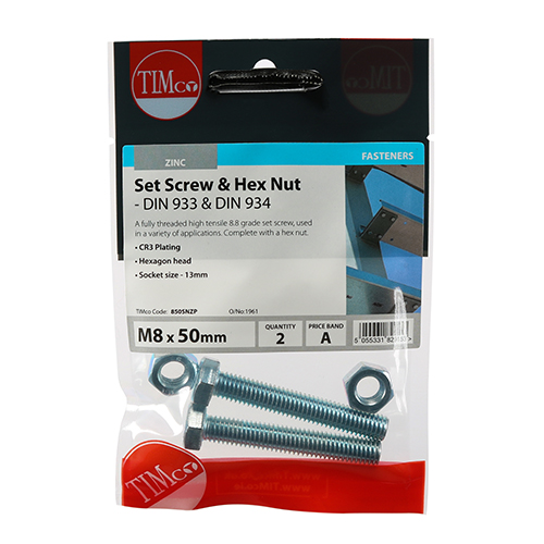 Set Screw & Hex Nut - BZP-M8 x 50