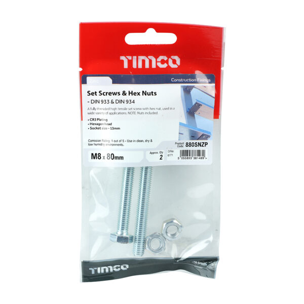 Set Screw & Hex Nut - BZP-M8 x 80
