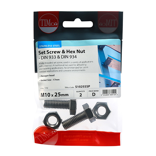 Set Screw & Hex Nut - A2 SS-M10 x 25