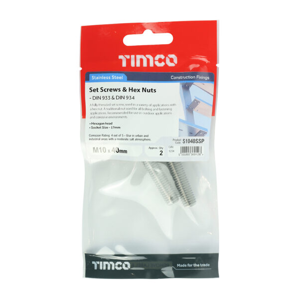 Set Screw & Hex Nut - A2 SS-M10 x 40