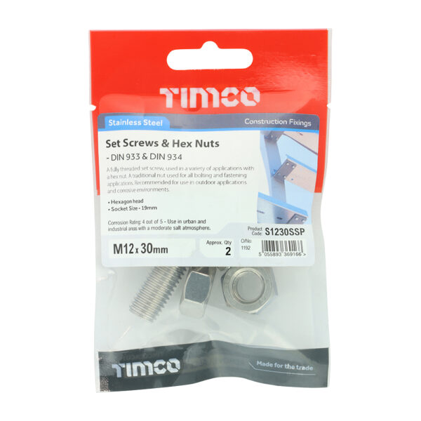 Set Screw & Hex Nut - A2 SS-M12 x 30