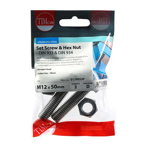 Set Screw & Hex Nut - A2 SS-M12 x 50