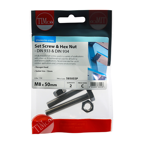 Set Screw & Hex Nut - A2 SS-M8 x 50